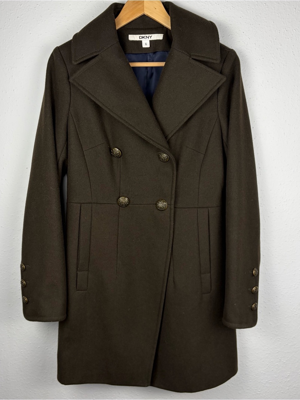 DKNY Wool Blend Fitted Military Double Breasted Coat Size 6